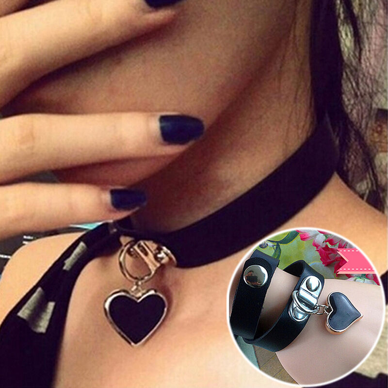 Women Stylish Punk Goth Leather Rivet Heart Ring Collar Choker Funky NecklacH Pb
