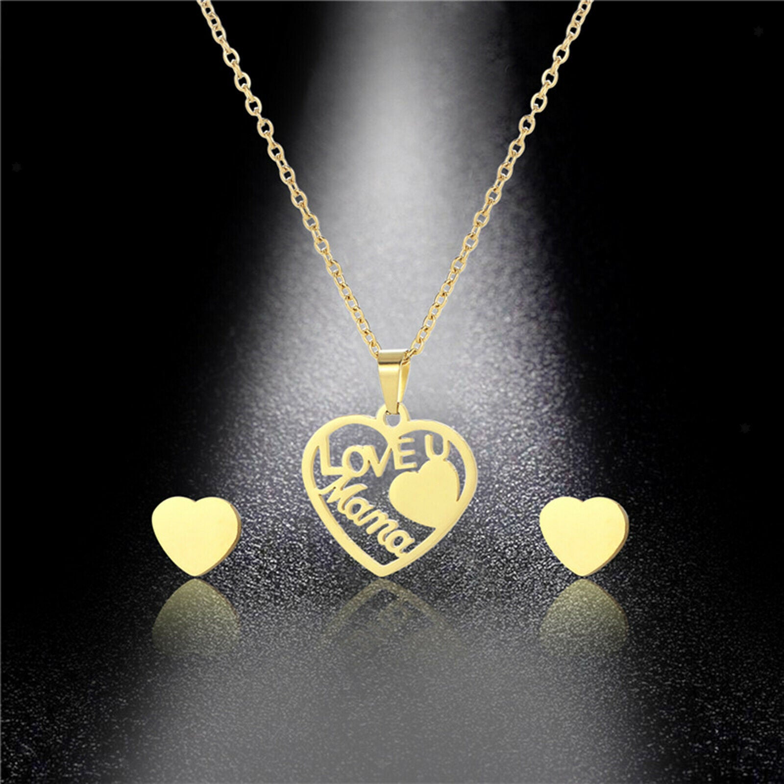 Love Mom Heart Pendant Necklace with 2 Ear Stud Earrings Stainless Steel