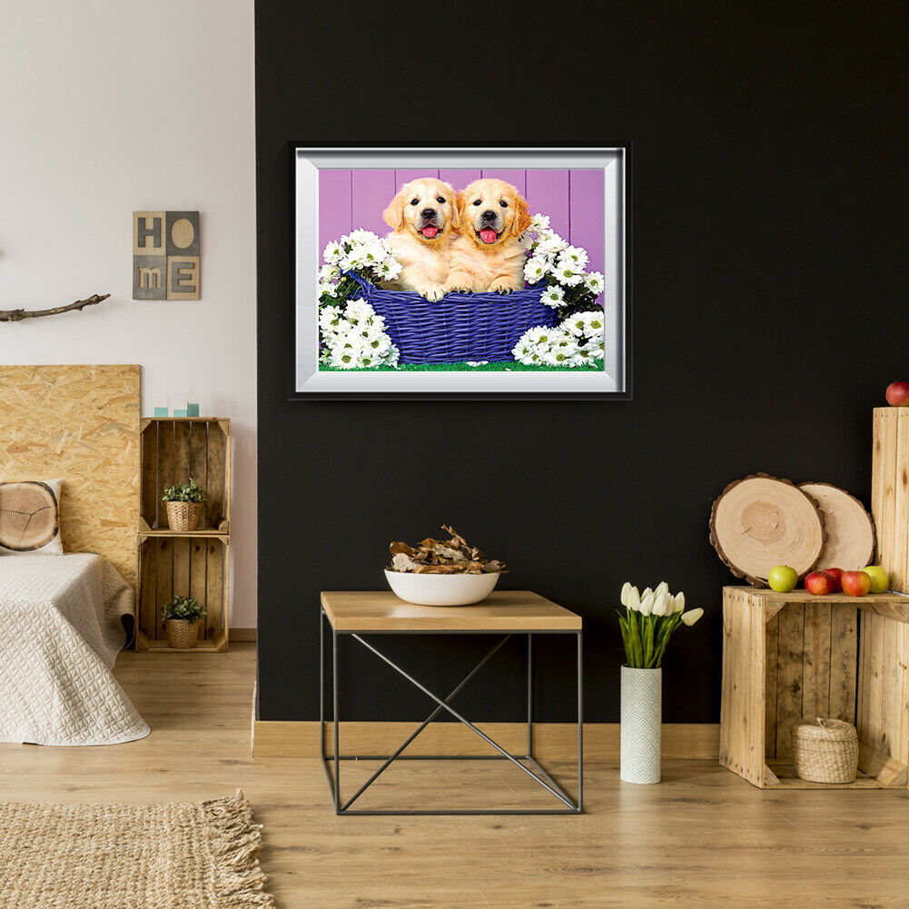 5D DIY Diamond Painting Two Dogs in Basket Full Drill Animal Cross Stitch @