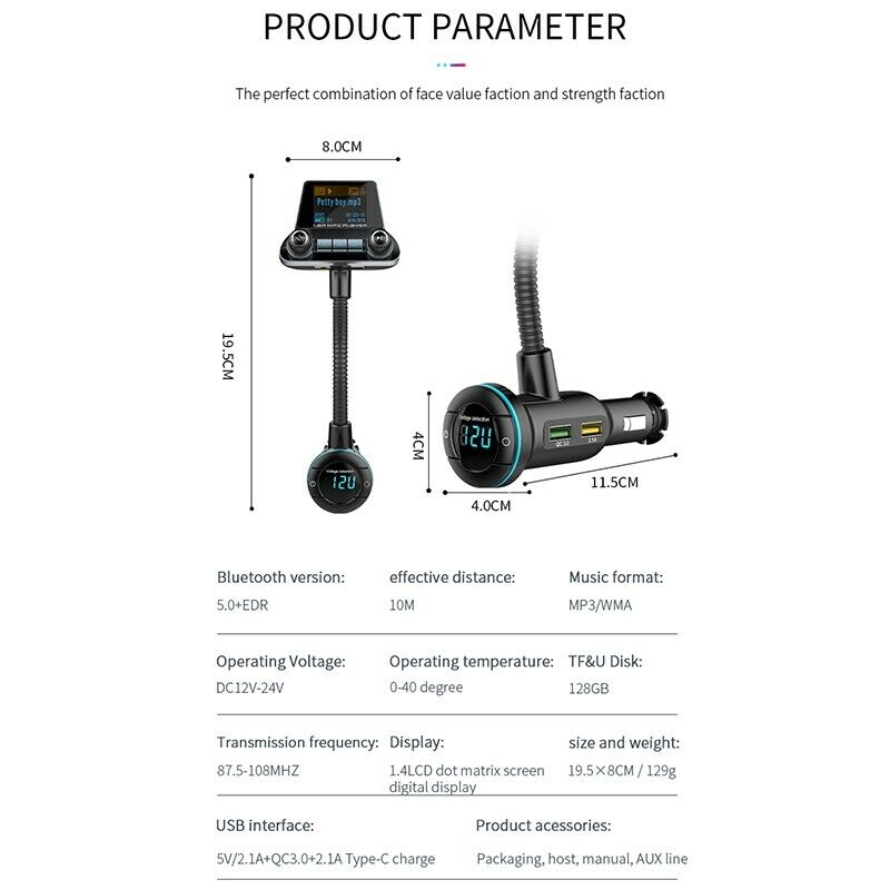 Car Bluetooth 5.0 FM Transmitter Wireless Handsfree Audio Receiver Car MP3 PlaK8