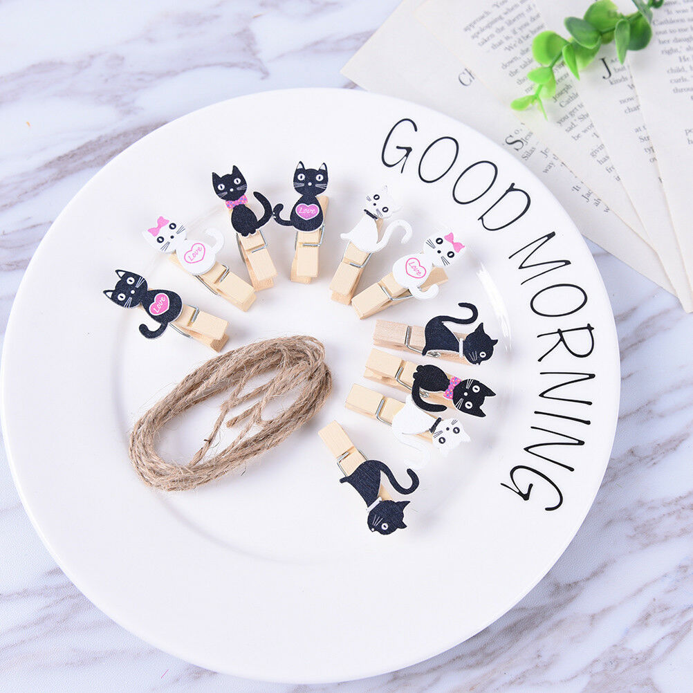 10x Cute cat wooden clips with hemp rope Mini paper clip for students DIY.l8