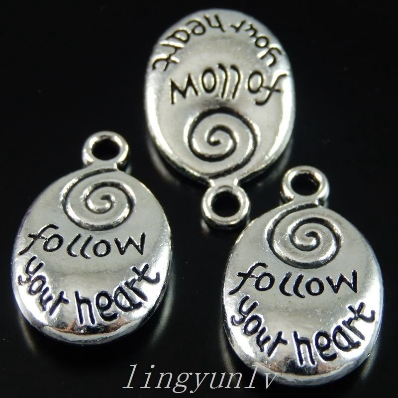 15 pcs Retro Sliver Alloy Oval Shape Swirl Pattern "follow your heart" Pendant