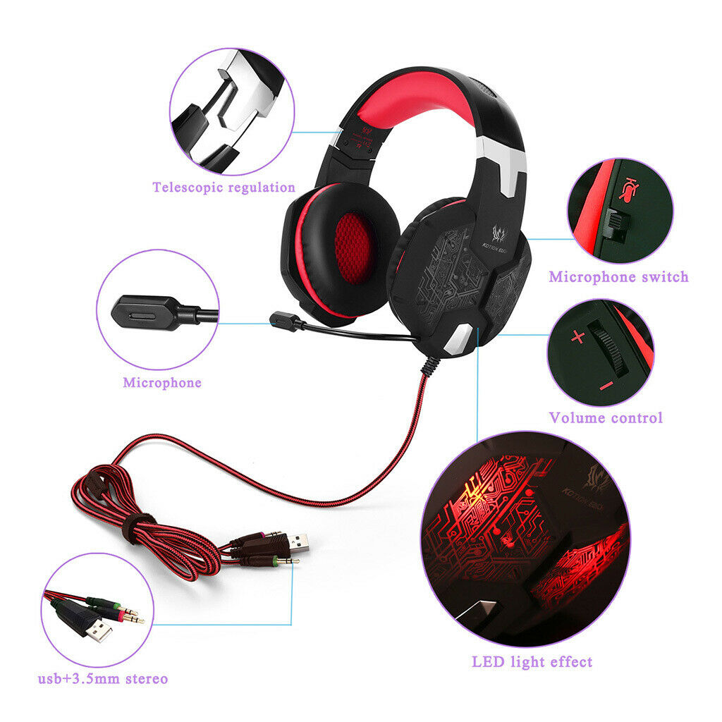 3.5mm PC Bass Stereo Headphones LED Light Gaming Headset Black and red