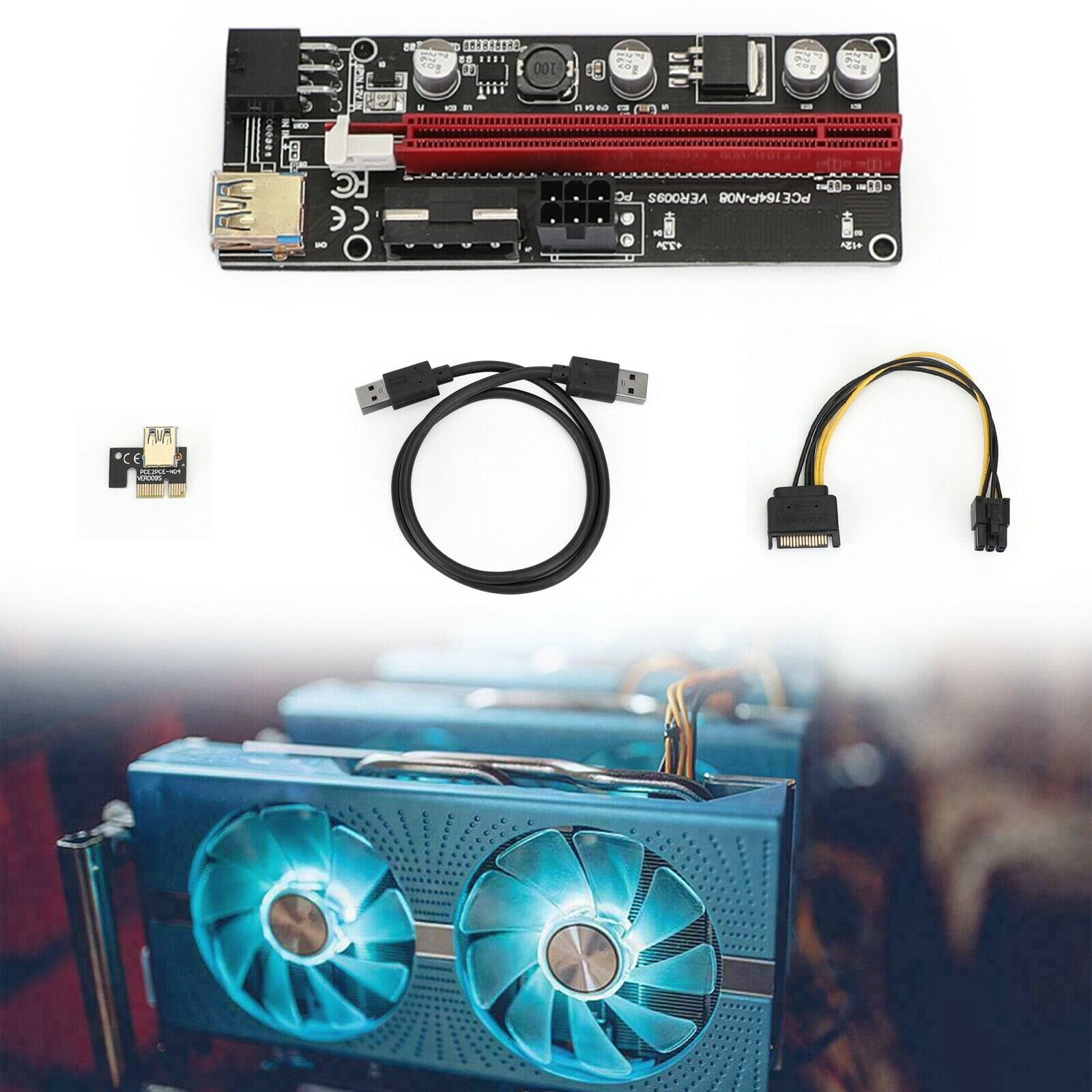 PCI-E 1x to 16x Powered USB3.0 GPU Riser Extender Adapter Card VER 009S Black
