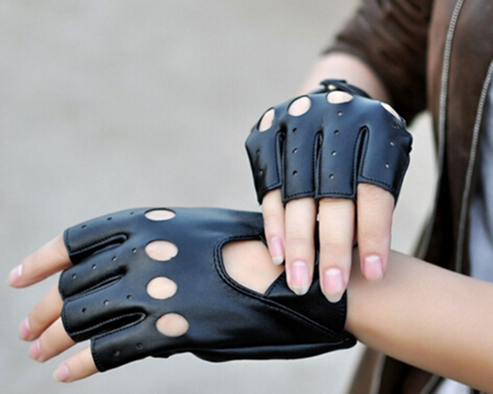 Lady PU Leather Mittens Fingerless Fad Punk Motorcycle Gloves Black SEDD