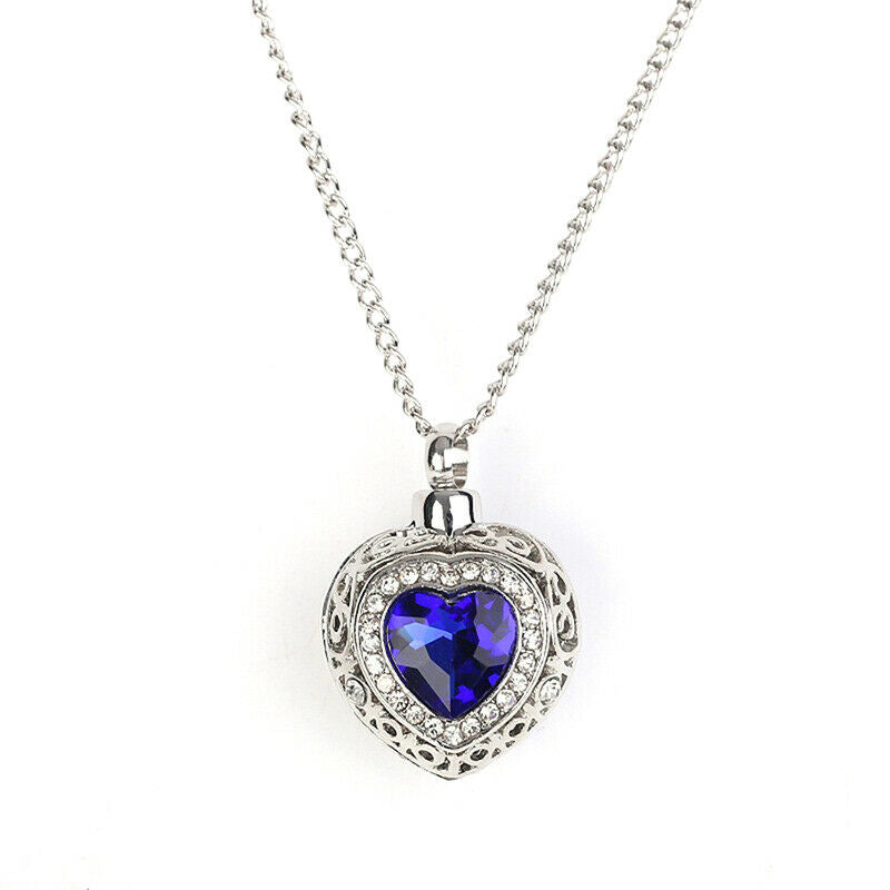 Urn Cremation Heart Blue Crystal Pendant Ash Holder Memorial Necklace Jewe.l8