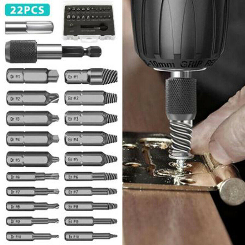 22Pc/set Damaged Screw Extractor Drill Bits Guide Set HSS Broken Speed OutL Pb