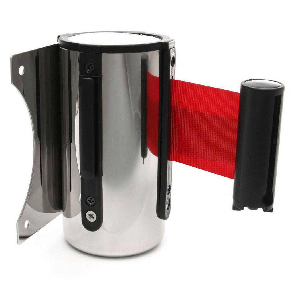 5m Security Queue Barrier Strap Auto Retracting with Strips Wall Fixed Red