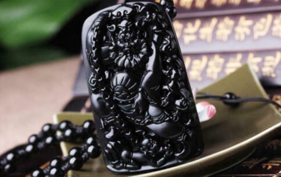 Natural Black Obsidian Hand Carved ZHONGKUI Lucky Pendants+Beads Necklace