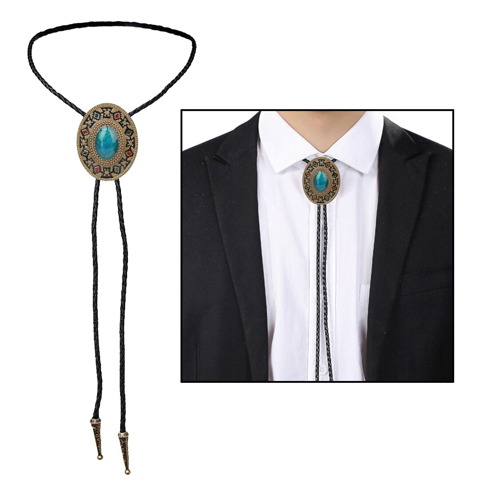 Cowboy Western Bolo Bootlace Tie on Black Drawstring for Fancy Dress