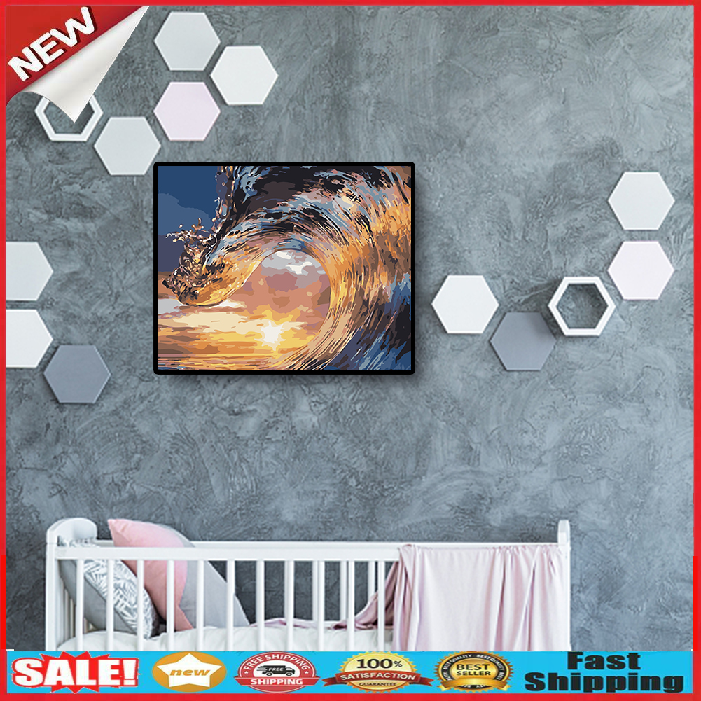 DIY Digital Oil Painting By Numbers Kits Surging Waves Drawing Sea Picture  @