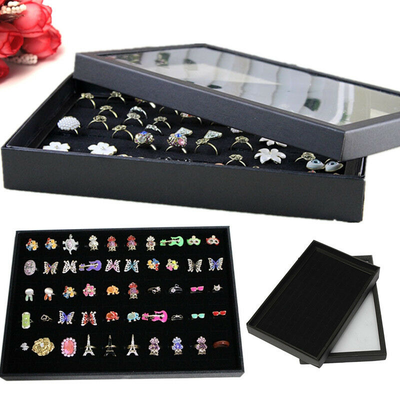 100Slot Ring Display Case Organizer Top Jewelry Storage Box Tray Holder with Lid