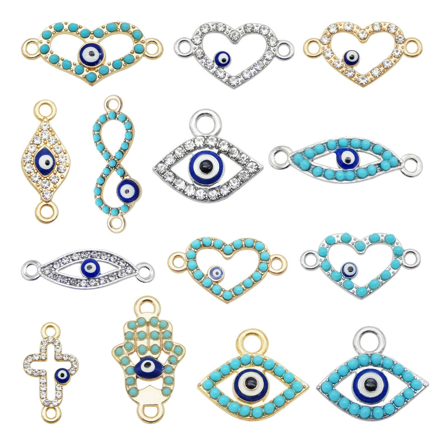 14PCS Assorted Alloy Evil Eye Enamel Charm Rhinestone Pendant Connector Jewelry