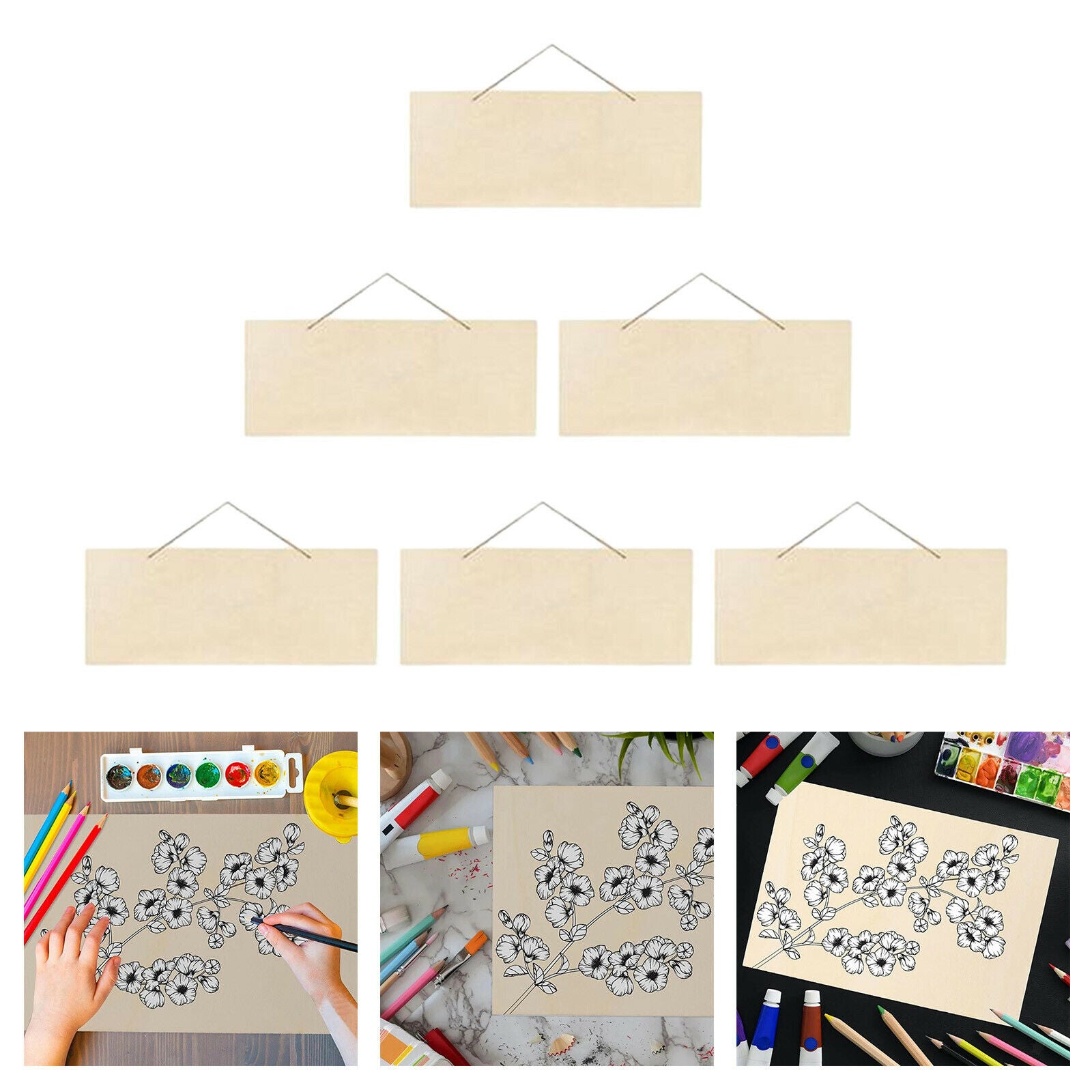 6x Wood Plaques Bulk Wooden Sign Board with Ropes DIY Pyrography Crafts