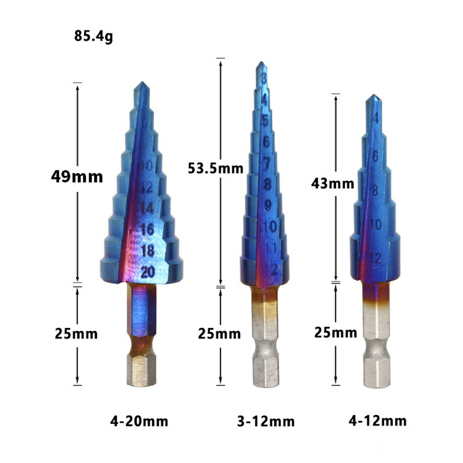 3x Nano Blue Coated Step Drill Bit Drilling Power Tools for DIY Lovers