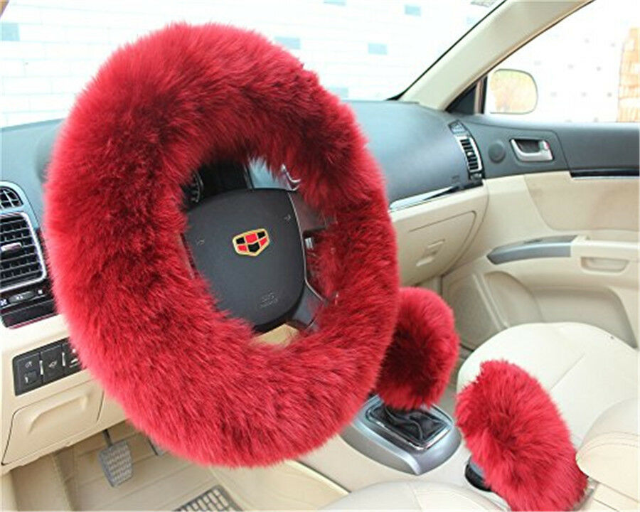 3Pcs/Set Fur Car Steering Wheel Cover Red Wine Color Wool Furry Winter Essential