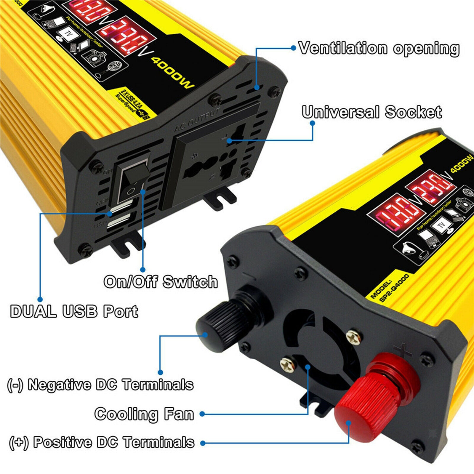Power Inverter with Dual USB and Lighter Outdoor Power Supply Yellow 110V D