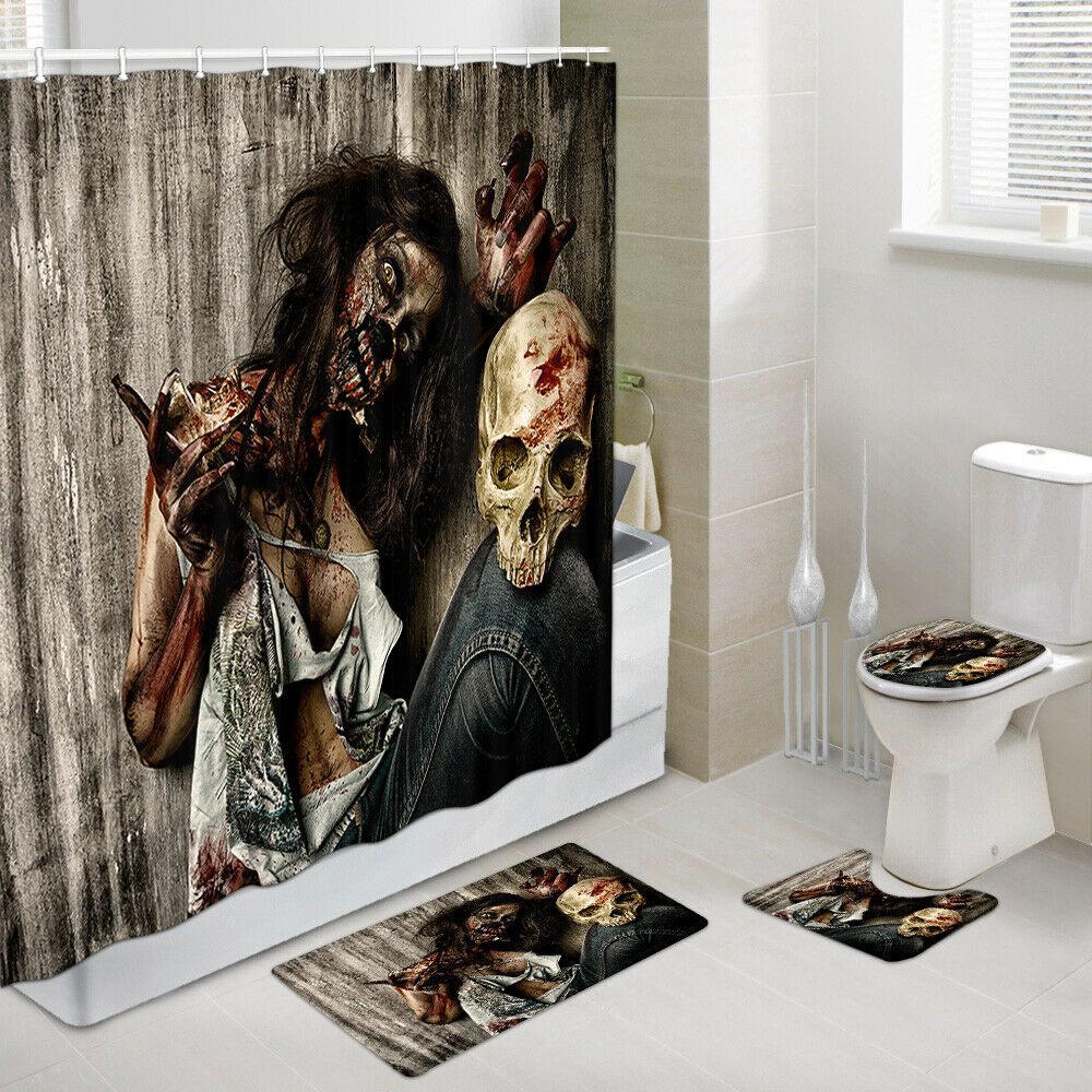 Helloween Shower Curtain Set with Rugs, Frightening Bloody Zombie Girl 4PCS-Set