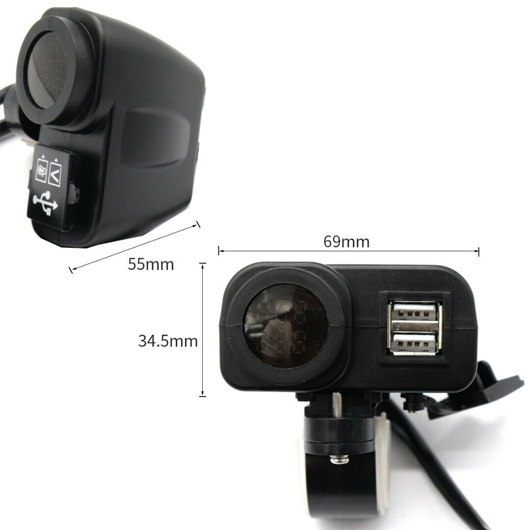 Cell Phone 2 Port USB Charger 2.1A+2.1A LED Voltmeter Thermometer For Motorcycle