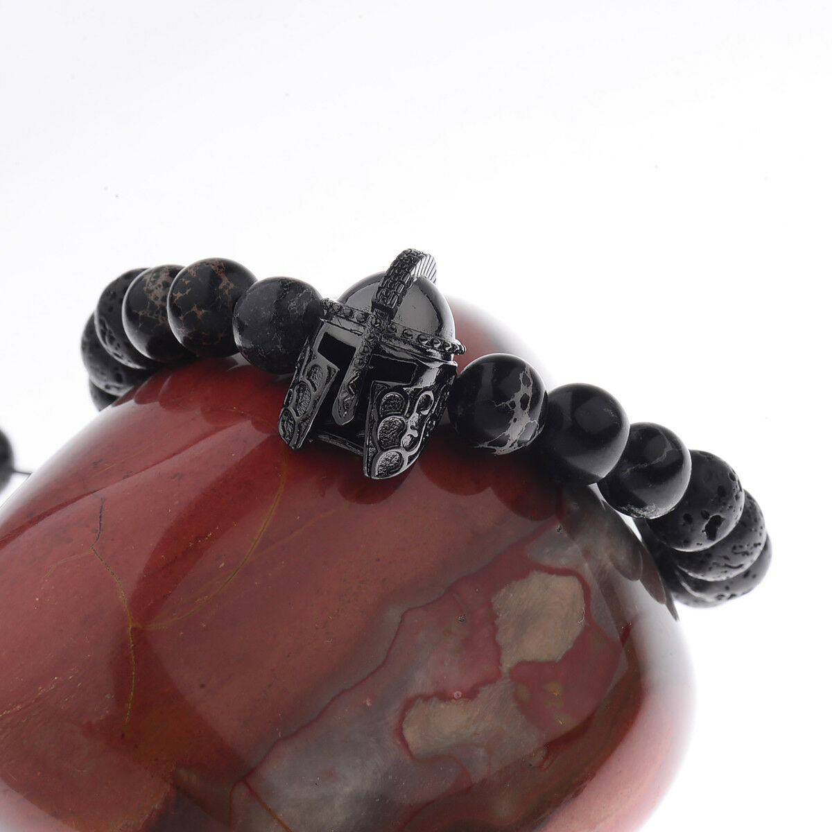 Men Charm Black Spartan Helmet Beaded Natural Stone Adjustable Macrame Bracelets