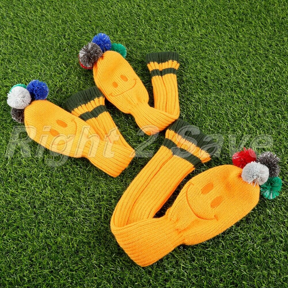 3Pcs/Pack Yellow Golf Club Knitted Pom Pom Headcovers For Titleist Taylormade