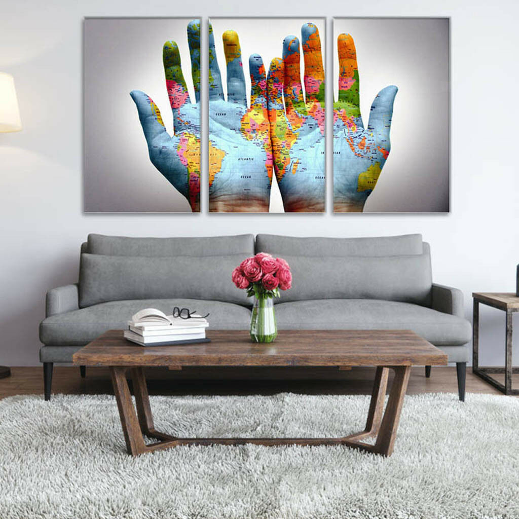 World Map on A Pair of Hands Print on Canvas Modern Artwork for Wall Décor