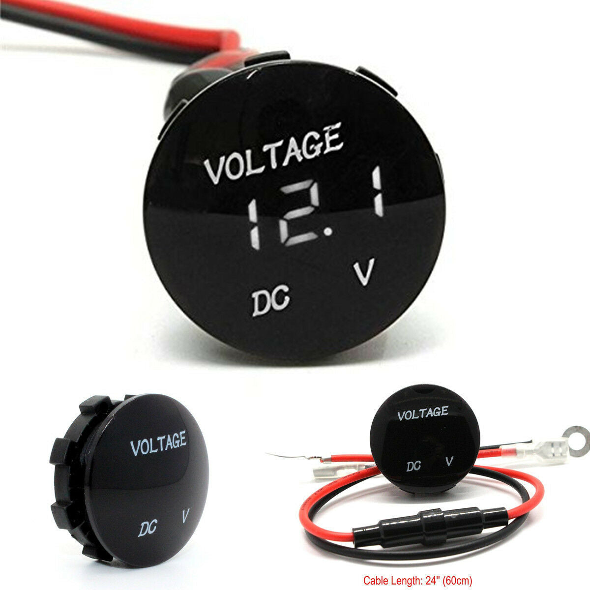 Waterproof Mini Round 12V-24V Car Boat White LED Digital Display Voltmeter Meter