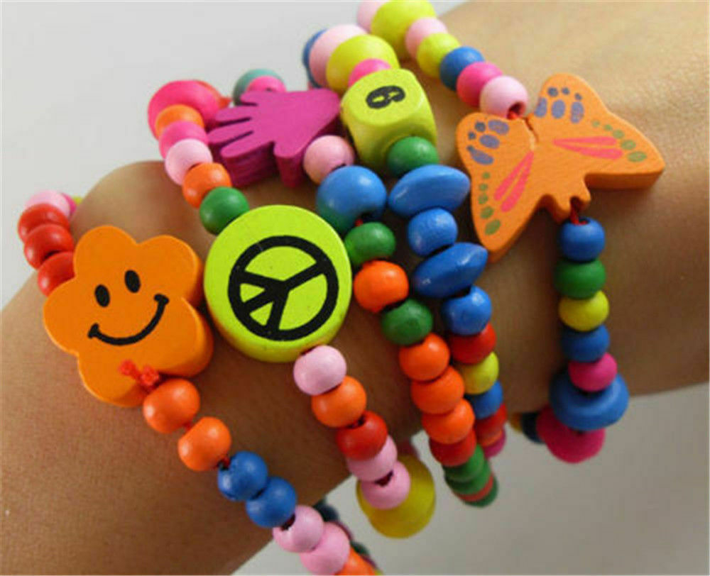 12Pc Lot Mixed Wholesale Kids Children Wood Elastic Bead Bracelets Favor Jewelry