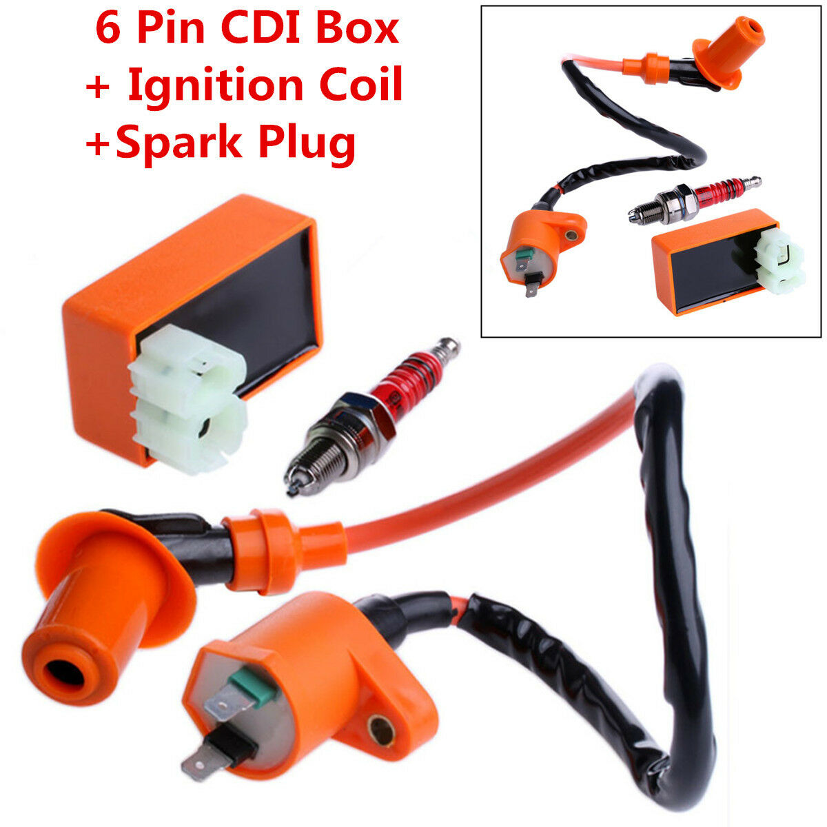 Racing AC CDI Box 6 Pin+Ignition Coil +Spark Plug for GY6 50-150cc Moped Scooter