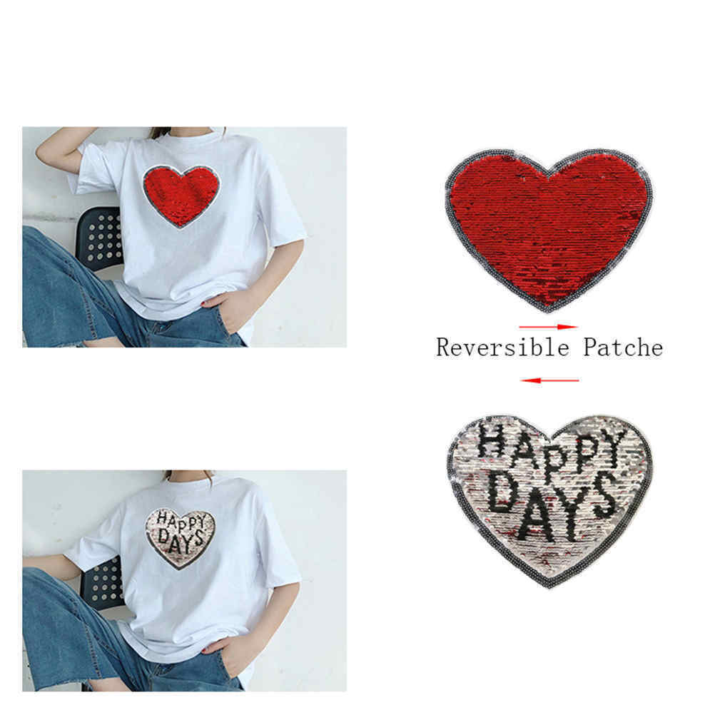 Heart happy days Reversible Change color Sequins Patches clothes DIY Appli.l8