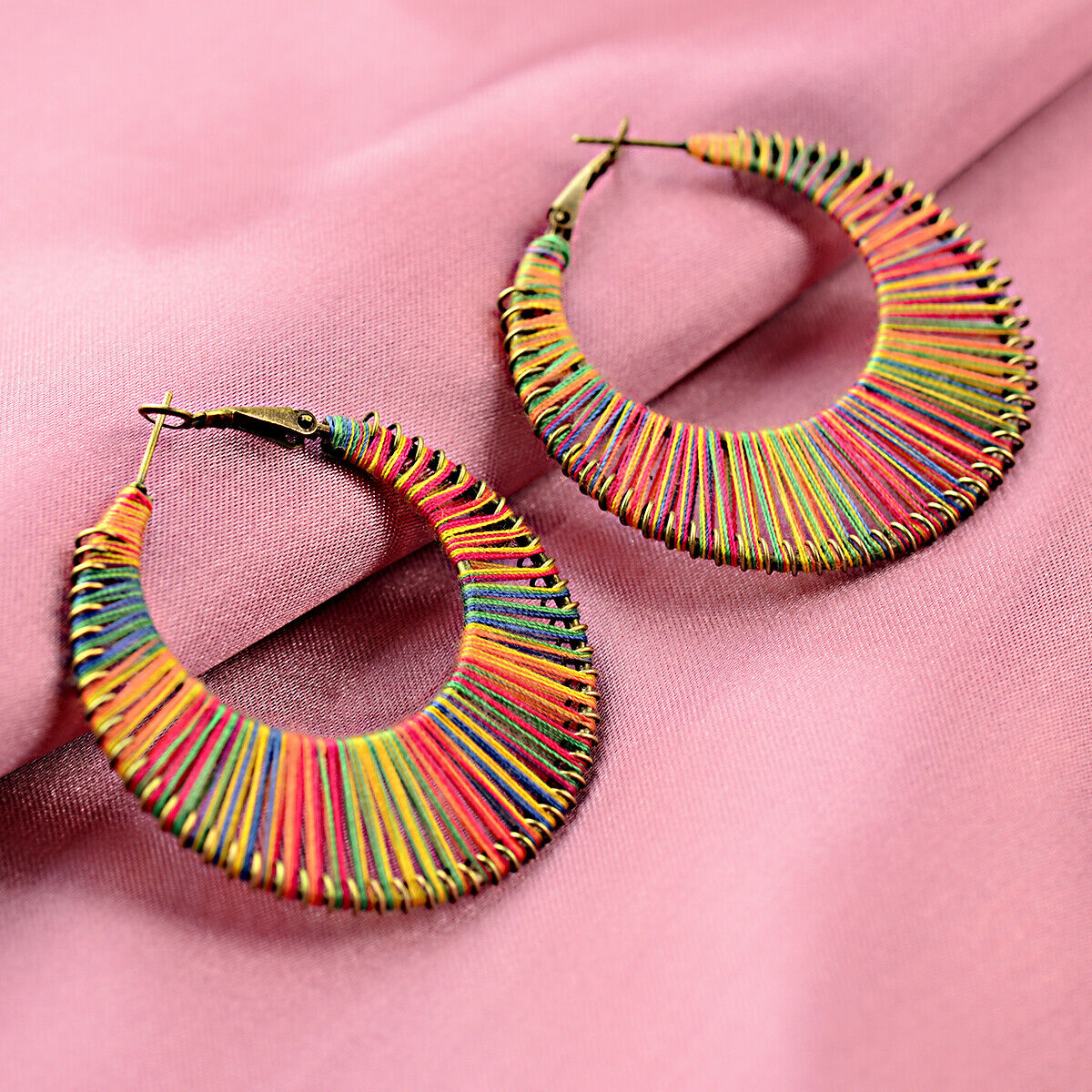 Fashion Geometric Colorful Round Cotton Hoop Earrings Women Wedding Jewelry Gift