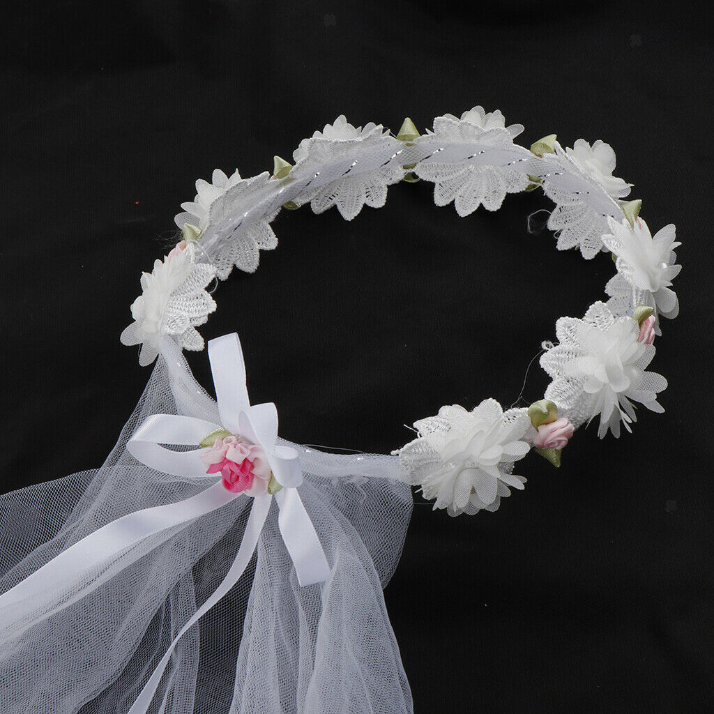 Girls Floral Princess Costume Headband Veil Stick Necklace Wristband  White