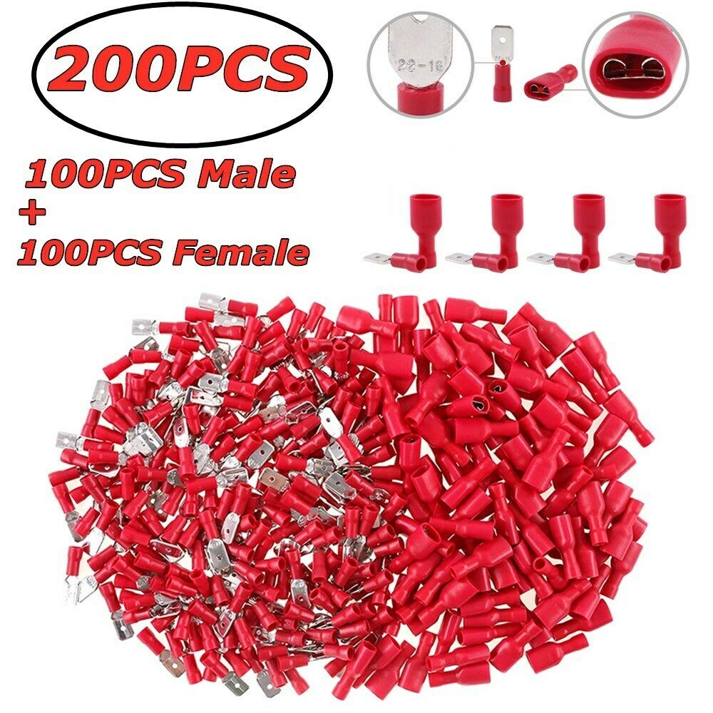200PCS Red Male Female Vinyl Insulated Spade Wire Connector Terminals 22-16AWG