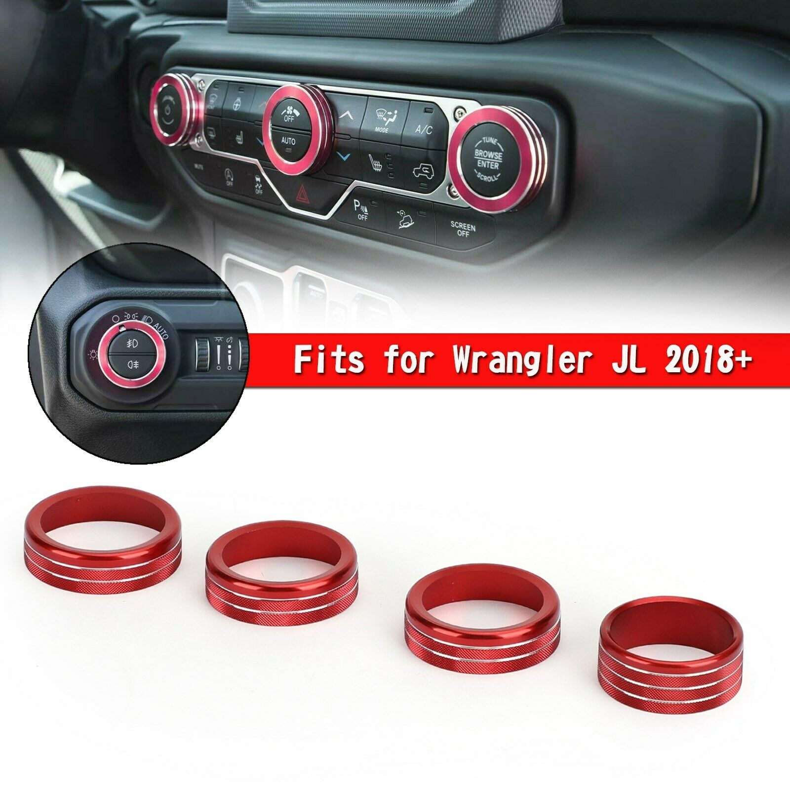 4X AC Headlight Switch Ring Cover Trim For Wrangler JL 2018+ Red US CN