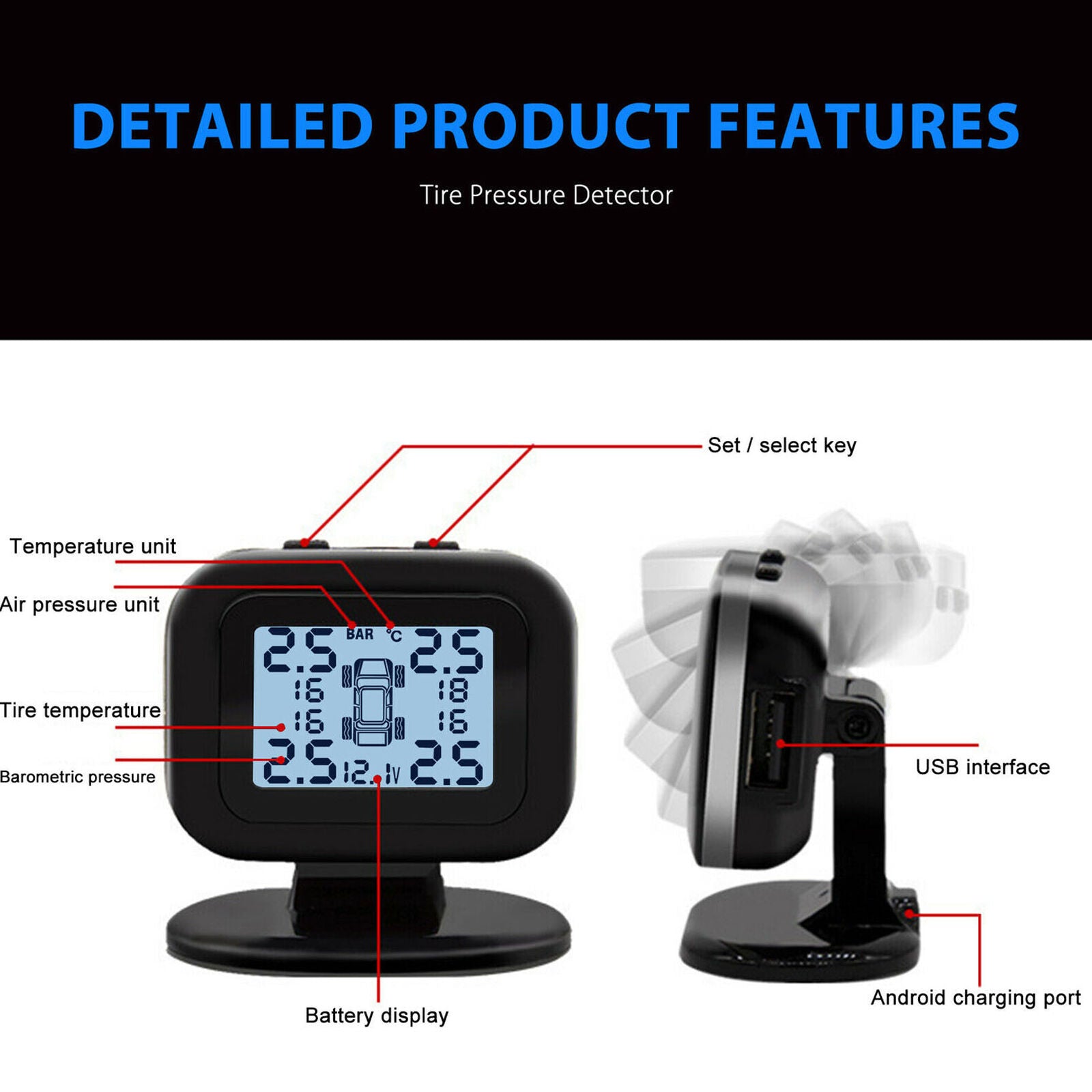 Wireless USB TPMS LCD Car Tire Pressure Monitoring System + 4 External Sensors