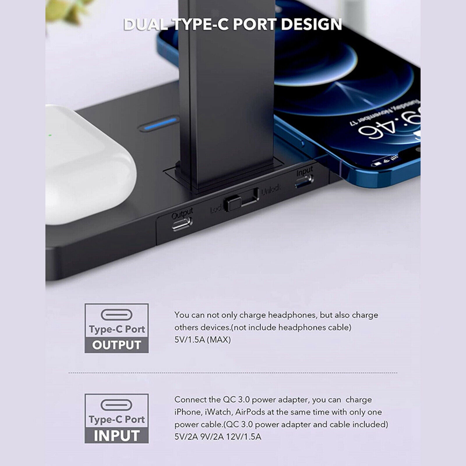 4 in 1 Wireless Charger Fast Charger with Headset Holder Dual USB C-Port