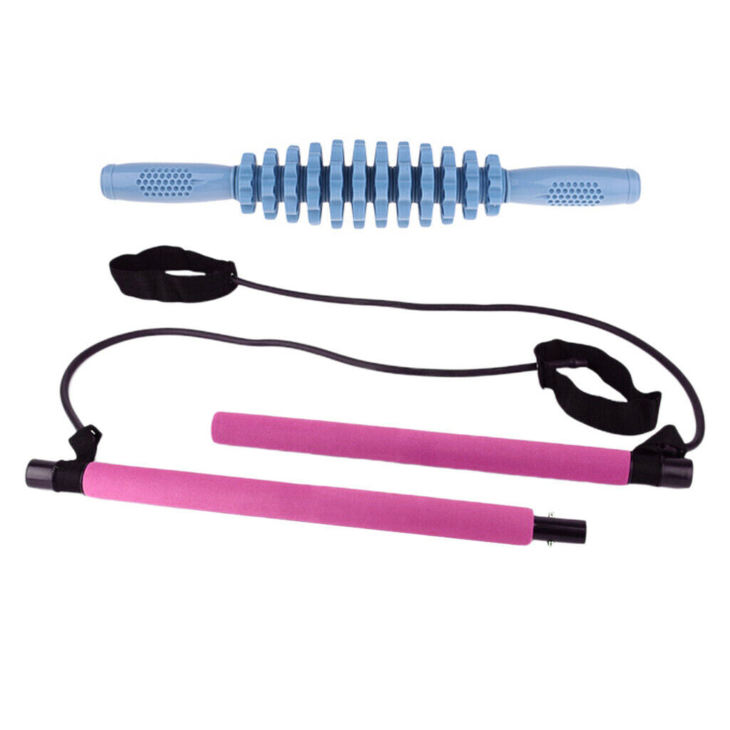 Pilates Bar Kit w/ Resistance Band Tube Muscle Massage Roller Stick Ab Trainer