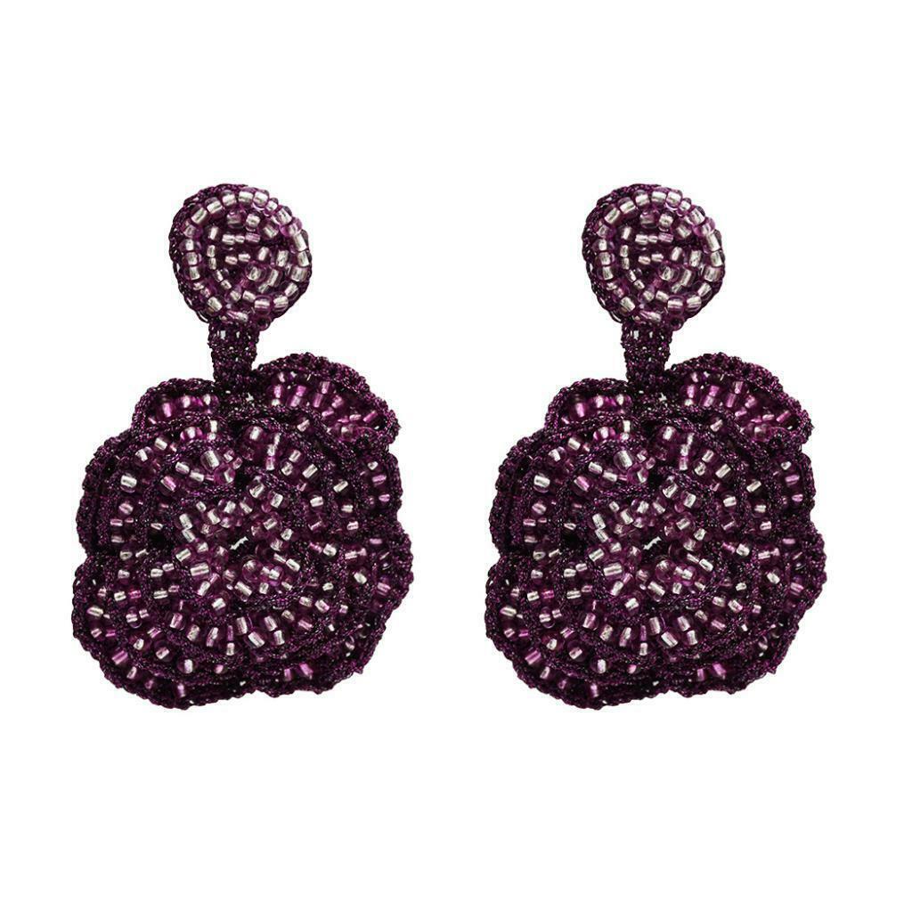 Exaggerated Rose Flower Dangle Earrings Beads Exquisite Studs Jewelry Purple