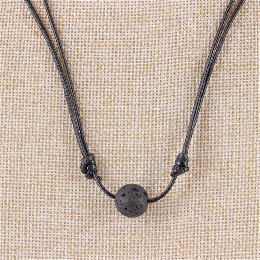 Women Men Natural Lava Stone Bead Diffusion Pendant Black Leather Cord Necklace