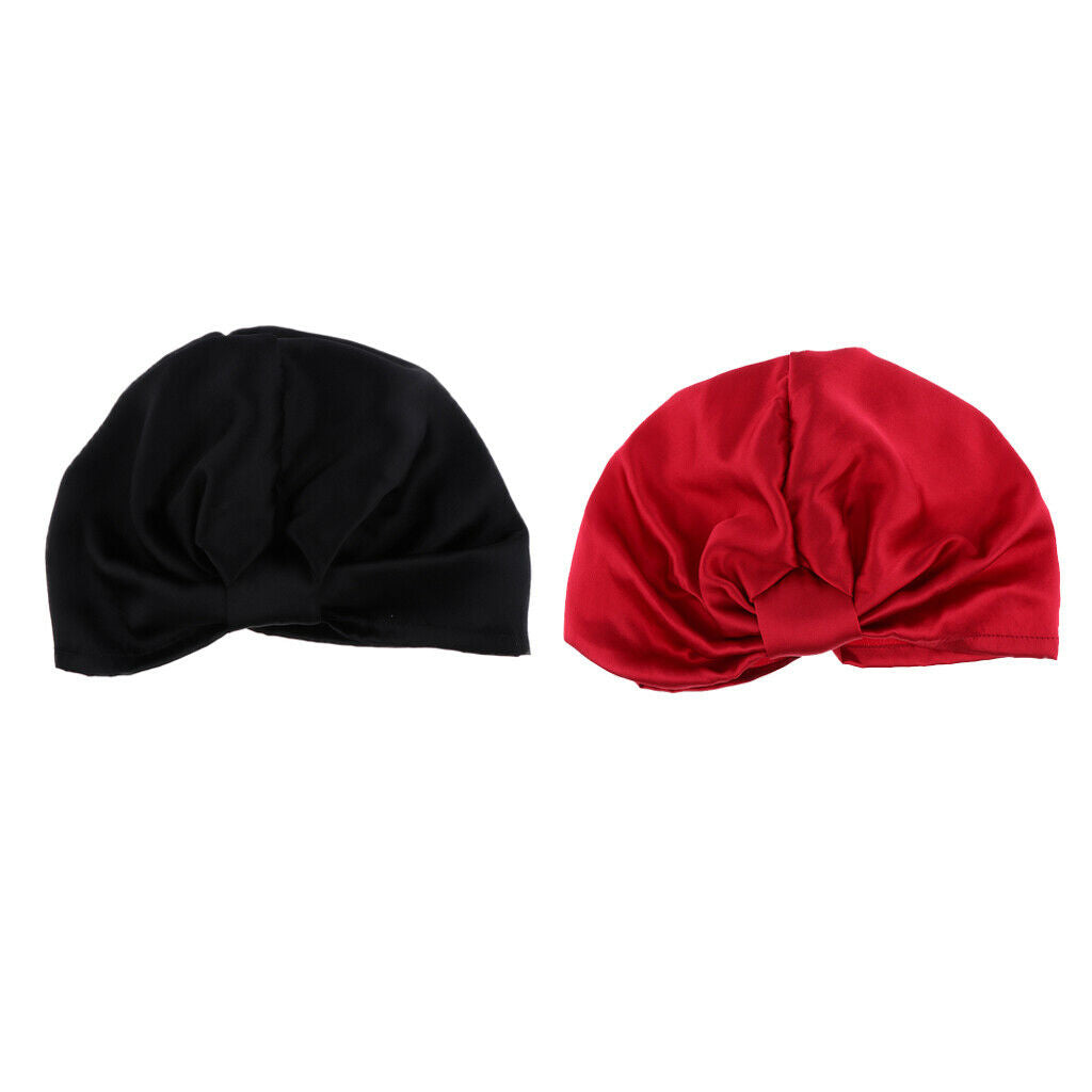 2Pcs Silky Pure Silk Elastic Breathable Knotted Sleep Hat Headwear Beanie
