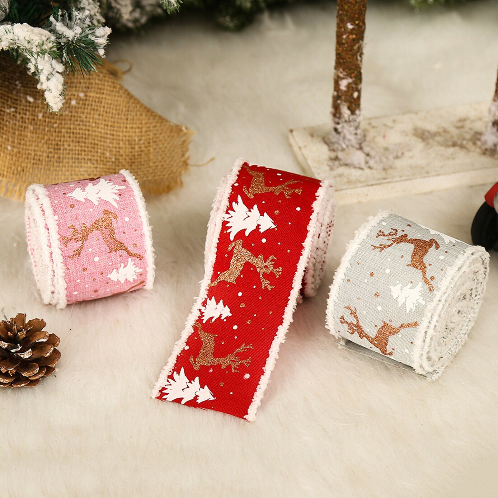 3 Rolls 5m Christmas Ribbon Linen Wired Edge Handmade Craft for Decoration