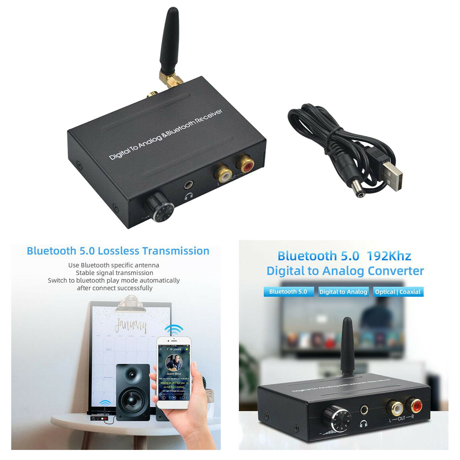 192kHz Digital to Analog Audio Converter with Bluetooth 5.0 Receiver 3.5mm Audio
