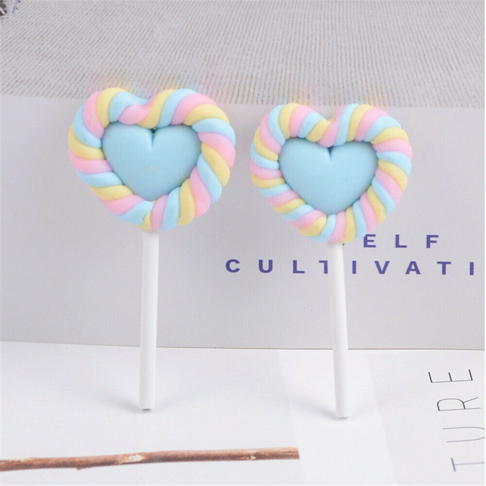 Lot of (x6) Random Polymer Clay Heart Lollipops Craft Embellishments Slime Charm