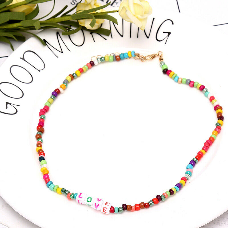 Boho Women Choker Letter Colorful Beads Chain Women Charm Necklace Jewelr.l8
