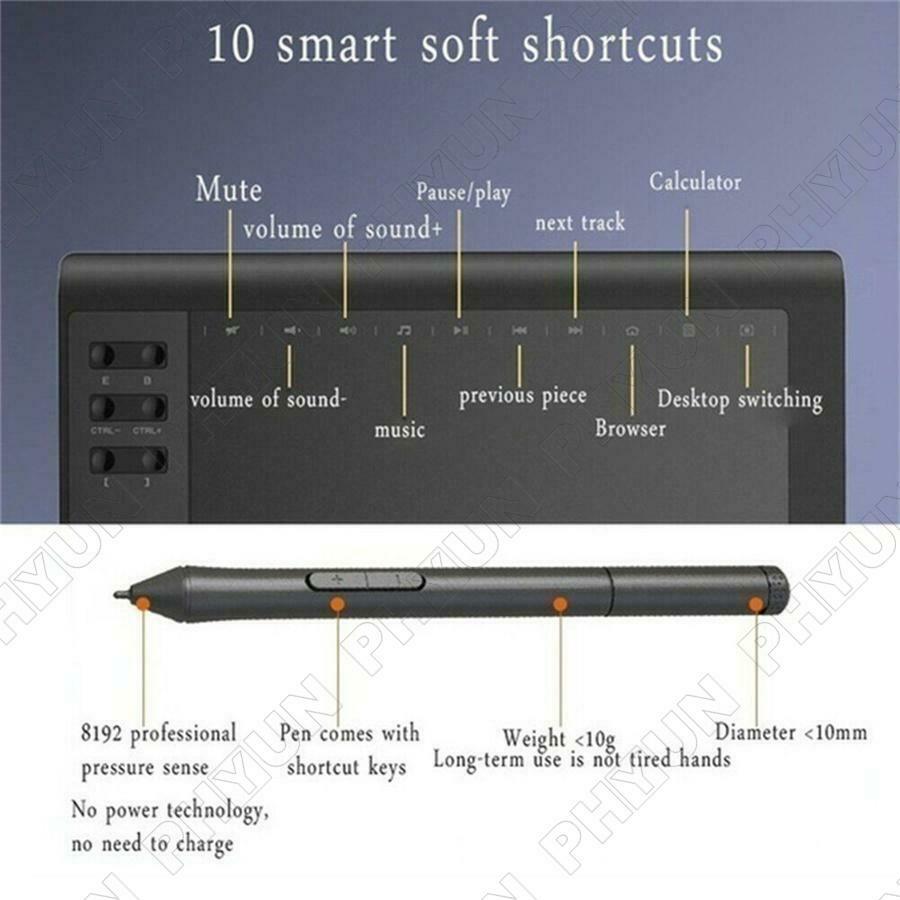10*6 inch Graphics Tablet 8192 Levels Graphic Drawing Tablet 233 Point w/ Pen