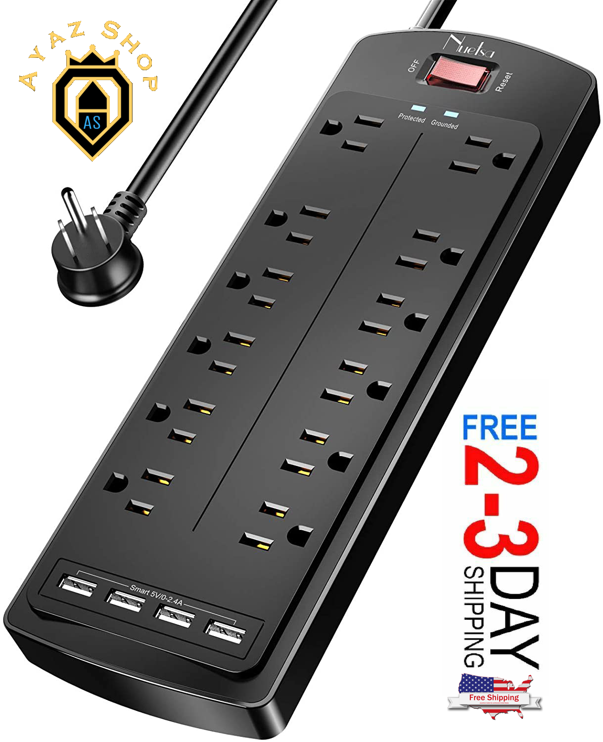 Power Strip , Surge Protector with 12 Outlets and 4 USB Ports, Black