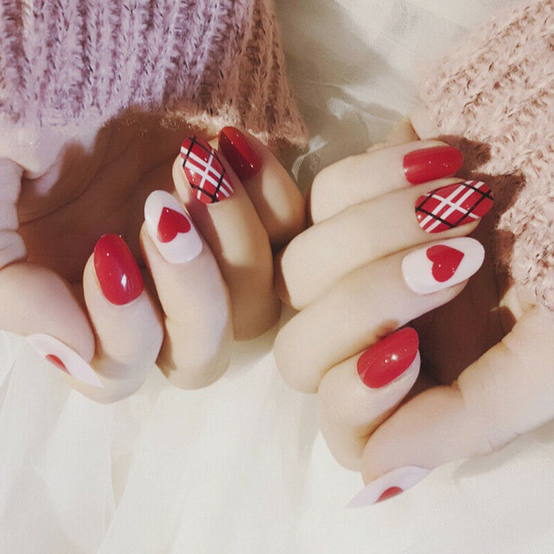 red heart acrylic nail tips short false nails art fingernails 24pcs/set JcJ.DD
