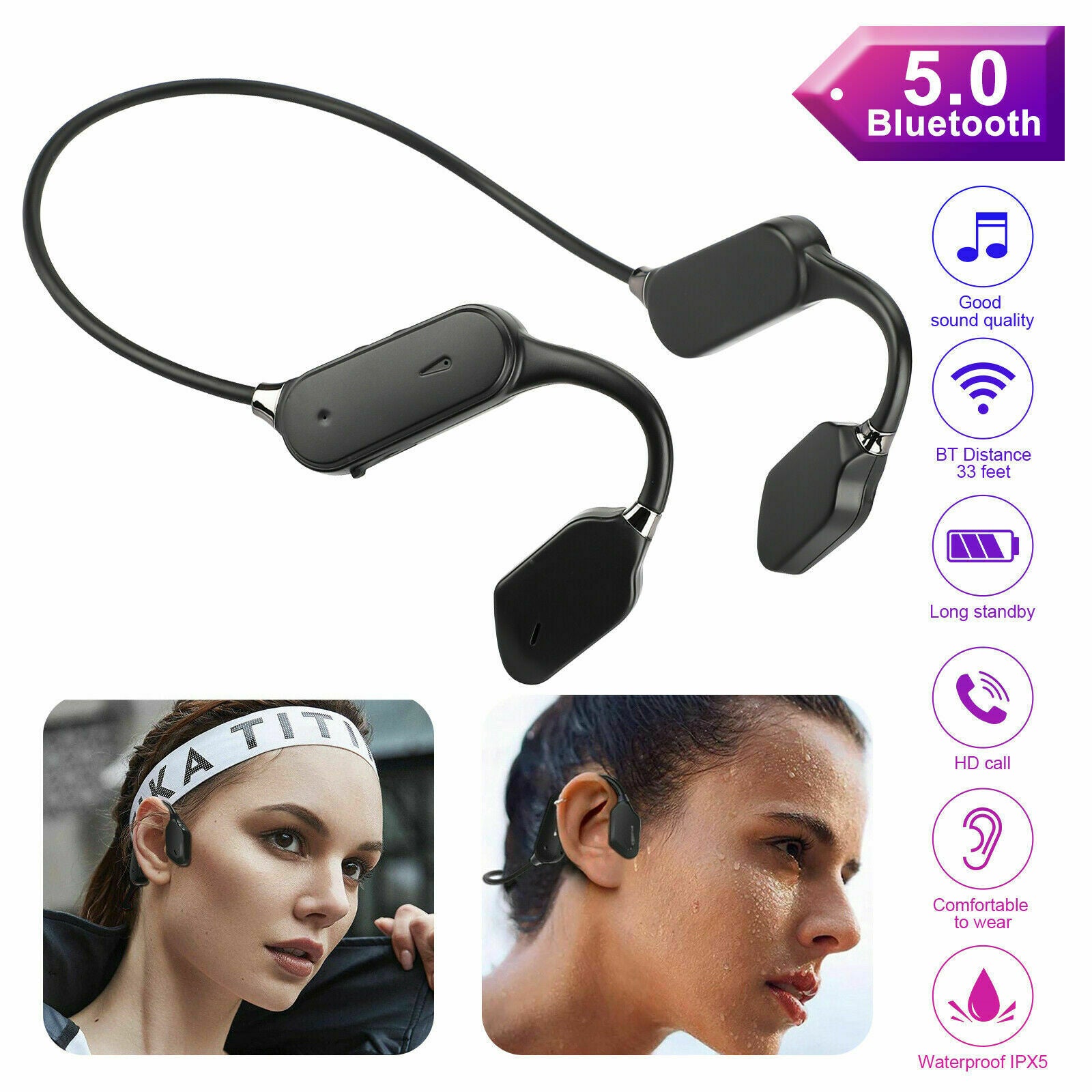 Outdoor Bone Conduction Headset Bluetooth 5.0 Open Ear Wireless Headphones Sport