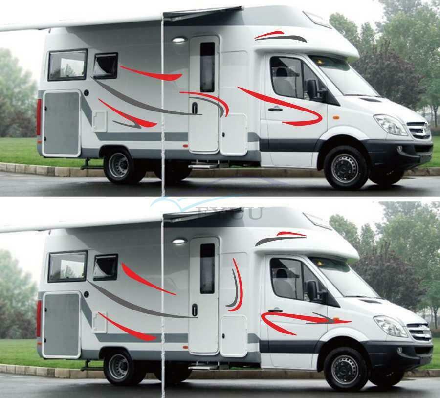 1 Set of Car RV Camper Stripe Graphic Vinyl Stickers Red + Gray Waterproof