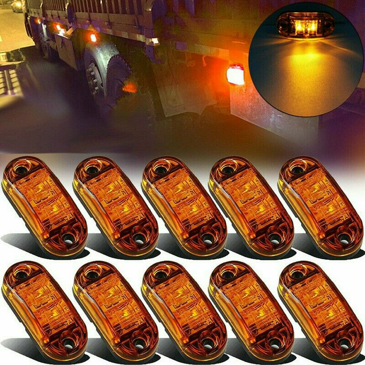 10Pcs 2 LED Amber Light Oval Car Clearance Trailer Truck Side Marker Tail Lamps